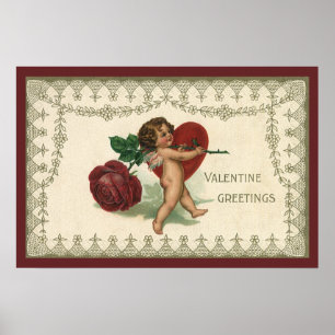 Antiker viktorianischer Valentinscherub, Rose und Poster