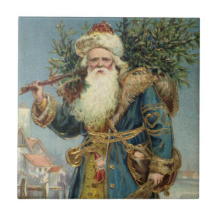 Antiker viktorianischer Weihnachtsmann mit Weihnac Fliese