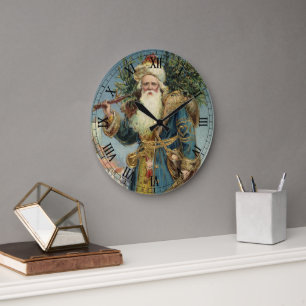 Antiker viktorianischer Weihnachtsmann mit Weihnac Große Wanduhr