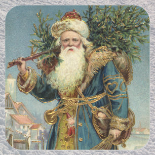 Antiker viktorianischer Weihnachtsmann mit Weihnac Quadratischer Aufkleber
