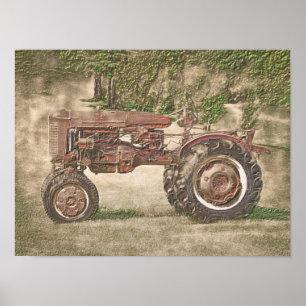 Antiker Vintage-Alter Rustikaler Landwirt Traktor Poster