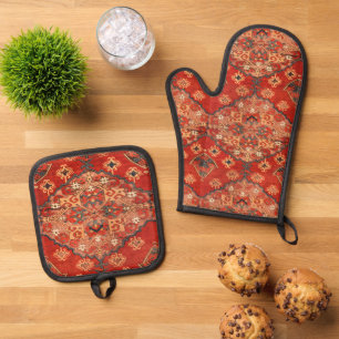 Antiker Vintager Rost Oriental Dhurrie Kilim Rug Ofenhandschuh & Topflappen-Set