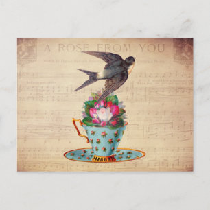 Antiker Vogel, Rosen und Teetasse Postkarte