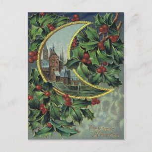 Antiker Weihnachtspostkarte Holly & Crescent Moon Feiertagspostkarte