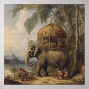 Antiker zeremonieller Elefant und goldener Howdah Poster
