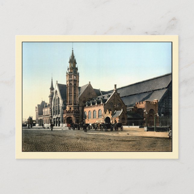 Antikes 1890 Foto Brügge Bahnhof Postkarte (Vorderseite)
