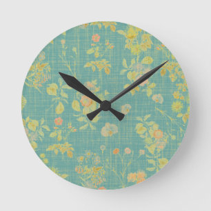 Antikes, abgenutztes, türkises Frühlings-Blumenmus Runde Wanduhr