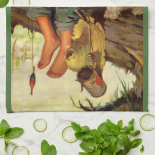 Antikes Angeln, Junge mit seinem Welpen und Würmer Geschirrtuch