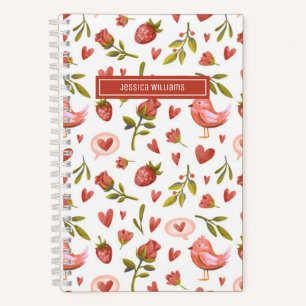 Antikes Aquarell-Blumen-Rot-Rosen-Vogel-Muster Notizbuch
