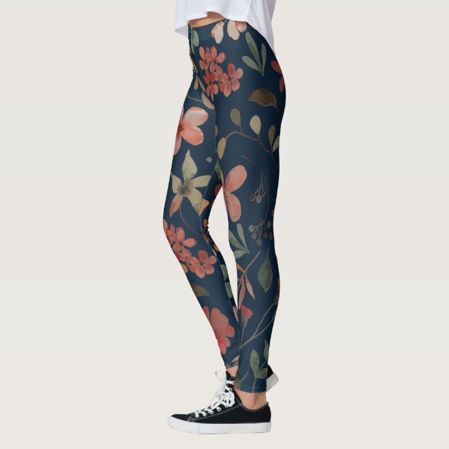 Antikes Aquarell Druckflora auf Marine Leggings (Links)