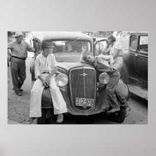 Antikes Auto, Depressions-Familie, Dreißigerjahre Poster