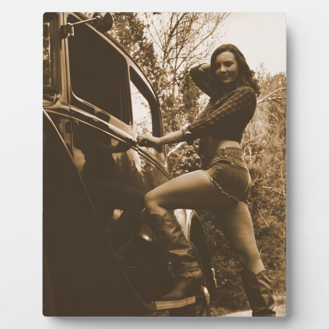 Antikes Auto und Mädchen Fotoplatte (Vorderseite)