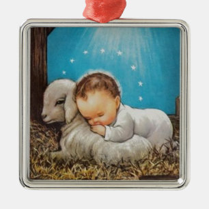 Antikes Baby schläft mit einem Lamm Ornament Aus Metall