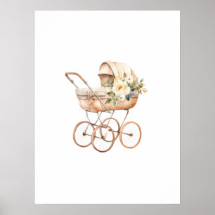 Antikes Babybett mit Blumenbouquet Poster