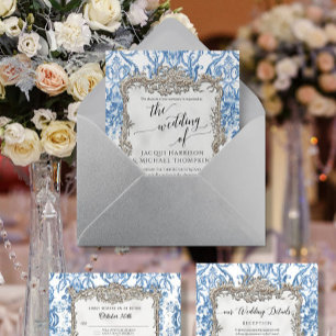 Antikes Barock Rokoko Floral Blau Weiß Silber Folieneinladung