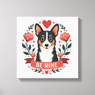 Antikes Be Mine Corgi Valentinstag Floral Folk Art Leinwanddruck