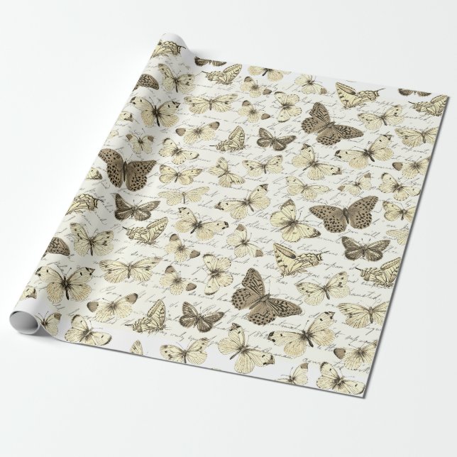 Antikes beige Schmetterlingsmuster mit Schrift Geschenkpapier (Ungerollt)