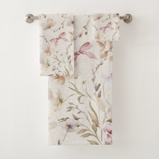 Antikes beiges Blumen- und Gingham-Schleifenband Badhandtuch Set
