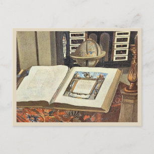 Antikes Bibliotheksinnenraum-Gemälde Buch und Glob Postkarte