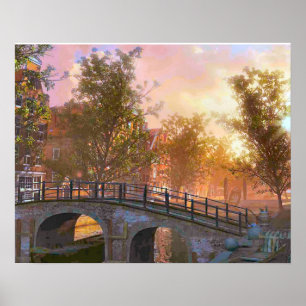 Antikes Bild, Delft, Brücke über einen Kanal Poster