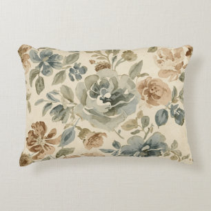 Antikes Blau Braun Salbei Beige Aquarell Blumen Dekokissen