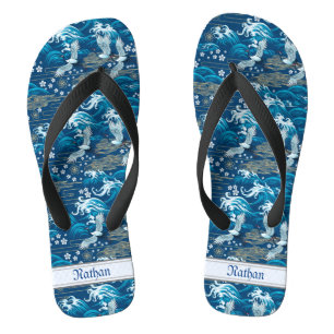 Antikes Blau Chinesisches Muster Wellen Kraniche W Flip Flops