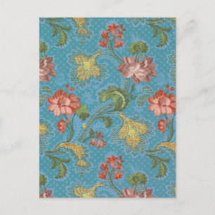 Antikes Blau Damast Blumen Gold Brokat Design Postkarte