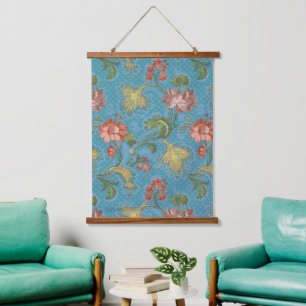 Antikes Blau Damast Blumen Gold Brokat Design Wandteppich Mit Holzrahmen