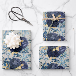 Antikes Blau-Gold-Blumen-Damaskus-Muster Geschenkpapier Set