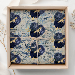 Antikes Blau-Gold-Blumen-Damaskus-Muster Seidenpapier
