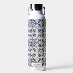Antikes Blau Weiß Geometrisches Blumenmuster Trinkflasche