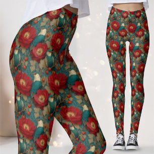 Antikes Blau Weiß Vögel Jade Blumen Rot Botanisch Leggings