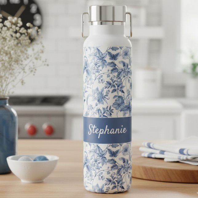Antikes blaues Blumen-Toile-Monogramm Trinkflasche (Von Creator hochgeladen)