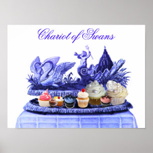 ANTIKES BLAUES GEFÄHRT VON SCHWÄNEN UND CUPCAKES POSTER