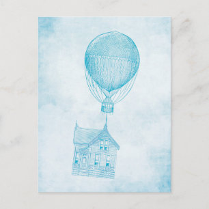 Antikes blaues Heißluftballon-Umzugshäuschen Postkarte