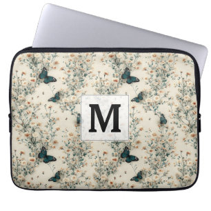 Antikes blaues Schmetterlings-Blumen-Monogramm Laptopschutzhülle