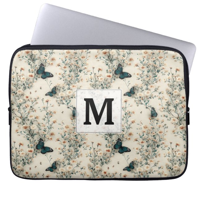 Antikes blaues Schmetterlings-Blumen-Monogramm Laptopschutzhülle (Vorderseite)