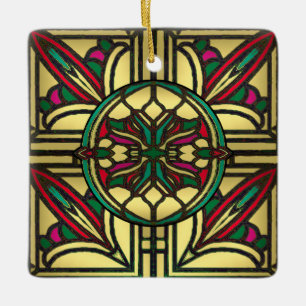 Antikes Bleiglasmuster in Gold und Rot Keramikornament