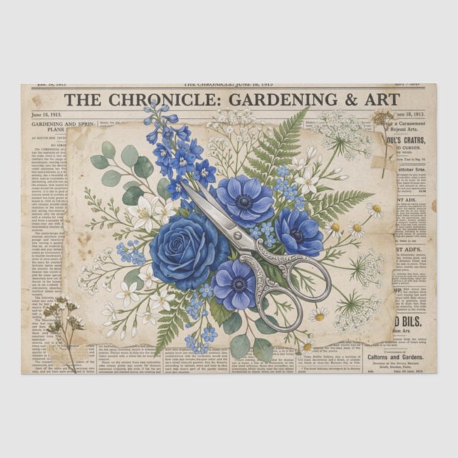 Antikes Blumen- & Scheren-Collage-Seidenpapier Seidenpapier (Vorderseite)