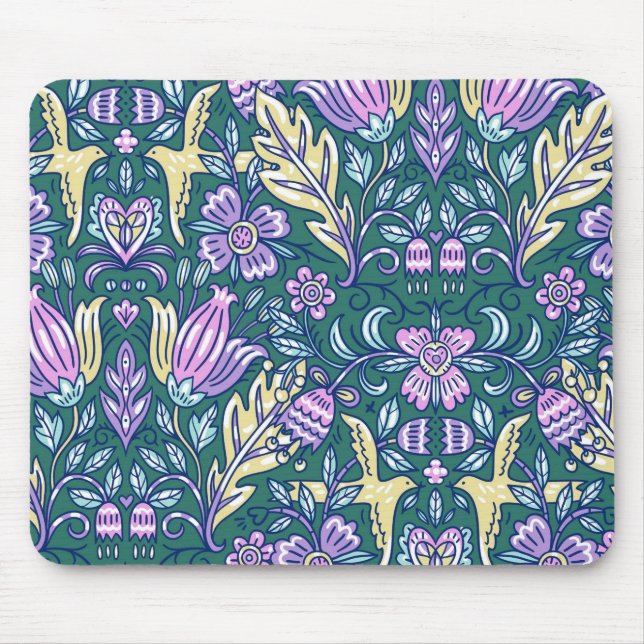 Antikes Blumen- und Vögelmuster im Stil der Antike Mousepad (Vorne)