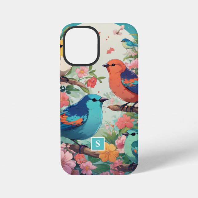 Antikes Blumen-Vögel-Botanik-Muster-Monogramm iPhone Hülle (Rückseite)
