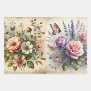 Antikes Blumenbouquet und Schmetterlinge Découpage Geschenkpapier Set