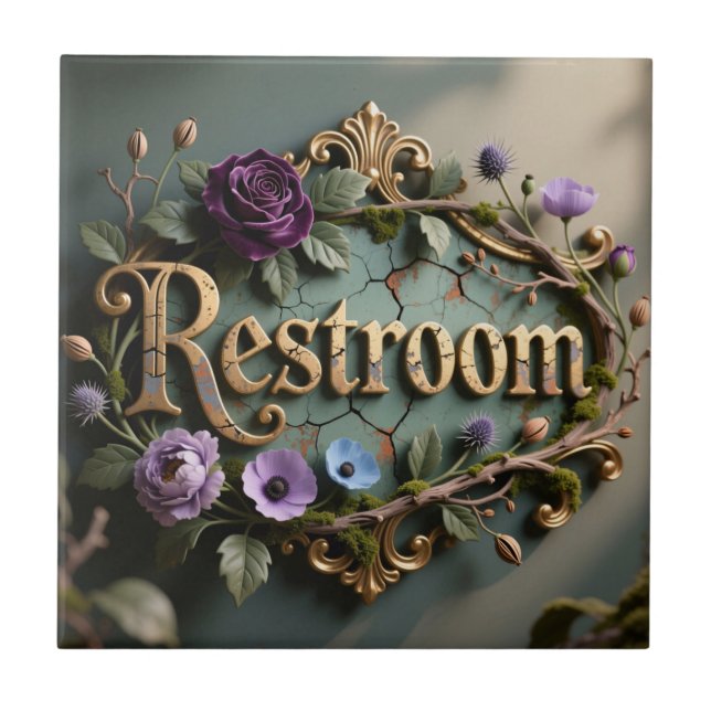 Antikes Blumengold-Toilettentürschild Fliese (Vorderseite)