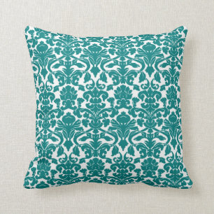 Antikes Blumenmuster-Kissen in Teal Damast Kissen