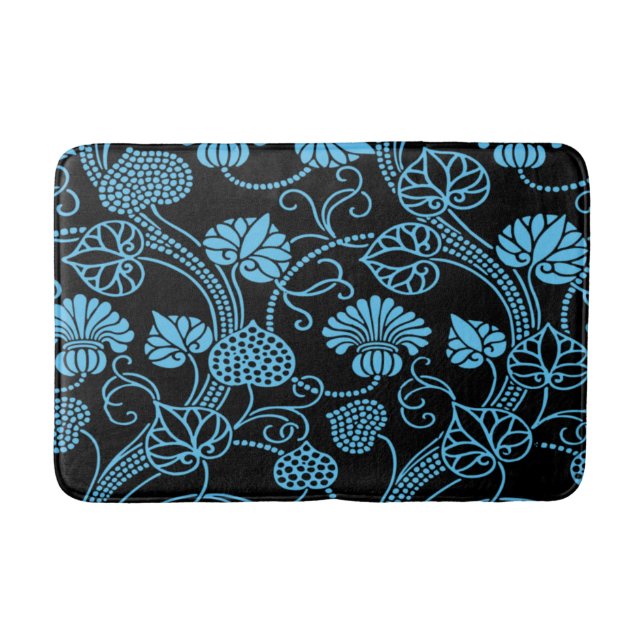 Antikes Blumenmuster Schwarz auf blau Badematte (Vorderseite)