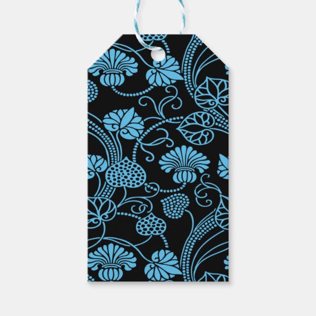 Antikes Blumenmuster Schwarz auf blau Geschenkanhänger (Vorderseite)
