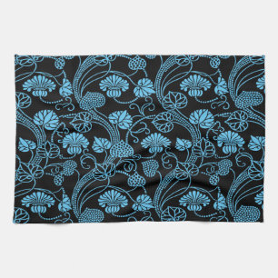 Antikes Blumenmuster Schwarz auf Blau Geschirrtuch