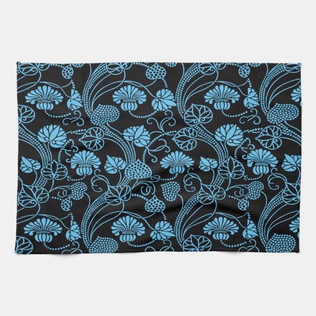 Antikes Blumenmuster Schwarz auf blau Geschirrtuch (Horizontal)