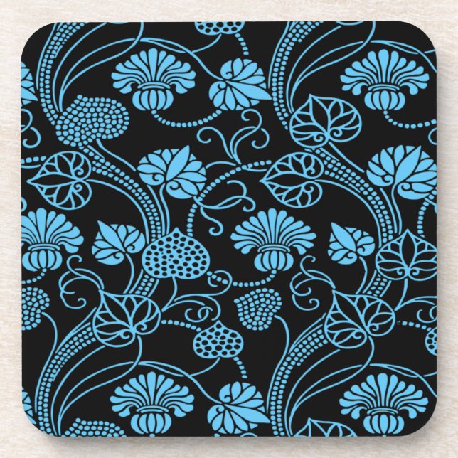 Antikes Blumenmuster Schwarz auf blau Getränkeuntersetzer (Vorderseite)