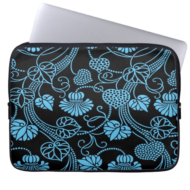 Antikes Blumenmuster Schwarz auf blau Laptopschutzhülle (Vorderseite)